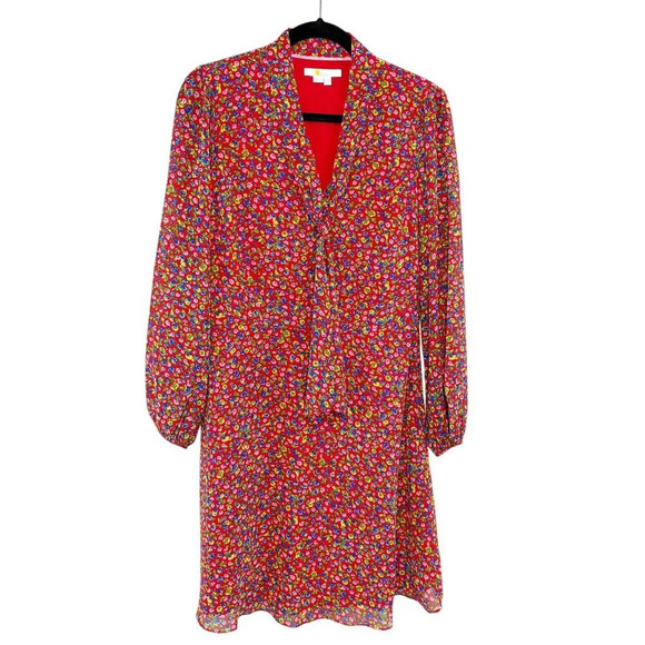 Boden Imogen Red Floral Chiffon Tie Neck Long Sleeve Dress Women's US 8 Regular - Picture 1 of 11